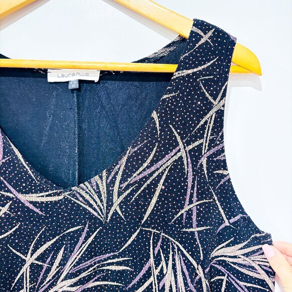 LAURA Black Purple Metallic Sleeveless Camisole Leaf Print Top | 1X * - Picture 3 of 6